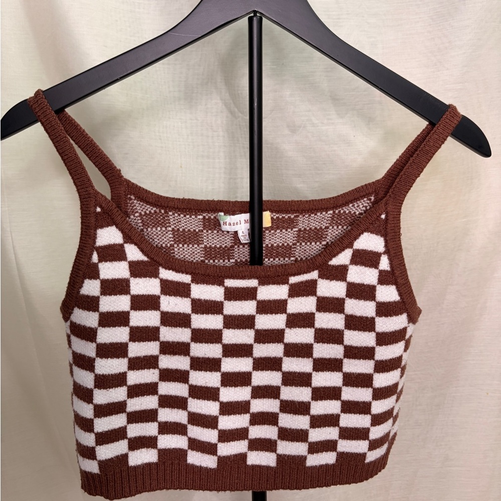 Brown and white checkered sweater crop tank top